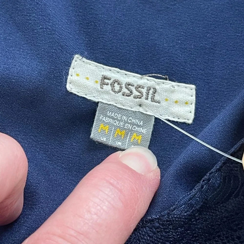 Fossil Penny Lace Dress M Bohemian Cap Sleeve V-Neck Elastic Waist Scallop Navy - Picture 5 of 11